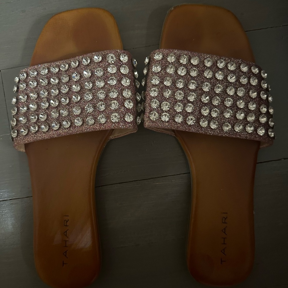 Tahari Pink and Brown Embellished Slide Sandals